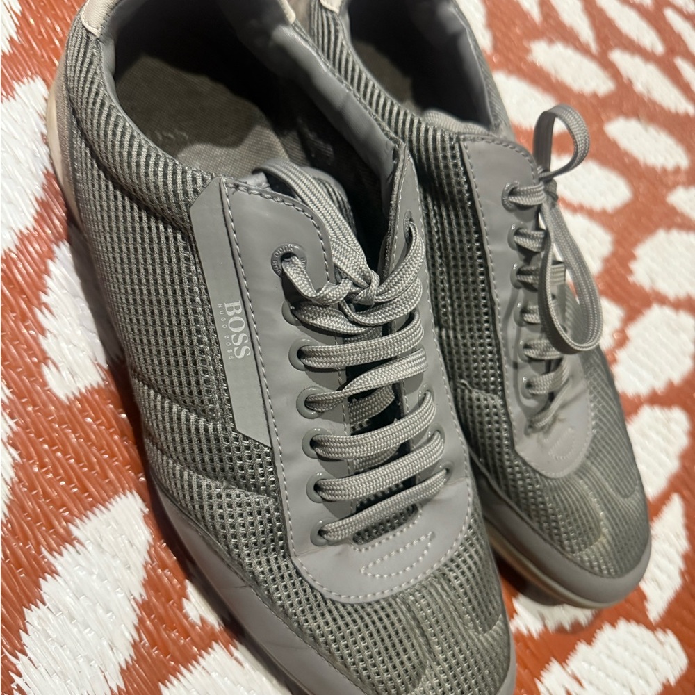 BOSS Grey Mesh and Leather Blend Lace-Up Sneakers